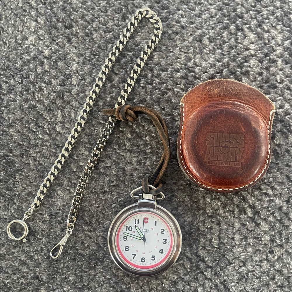 Swiss Army Pocket Watch with Chain and Case